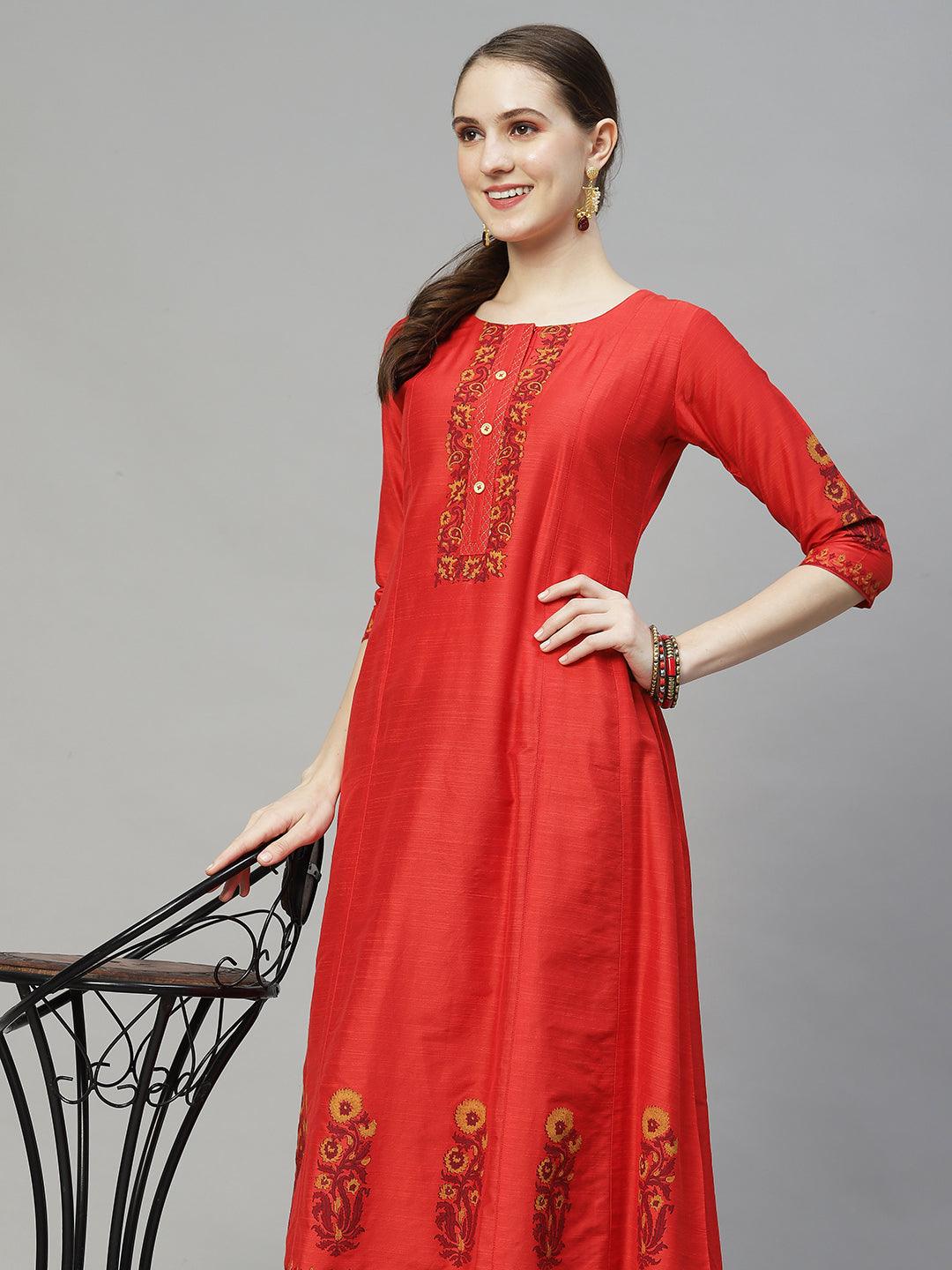 Ethnic Printed Anarkali Flare Kurta – Red - Indiakreations