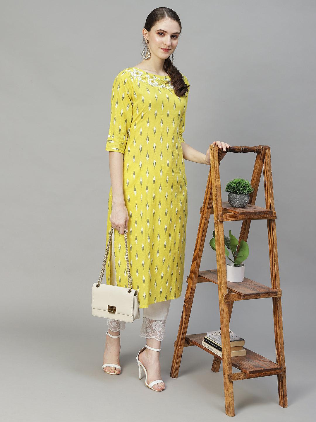 Ikat Printed & Floral Embroidered Straight Fit Kurta – Yellow - Indiakreations