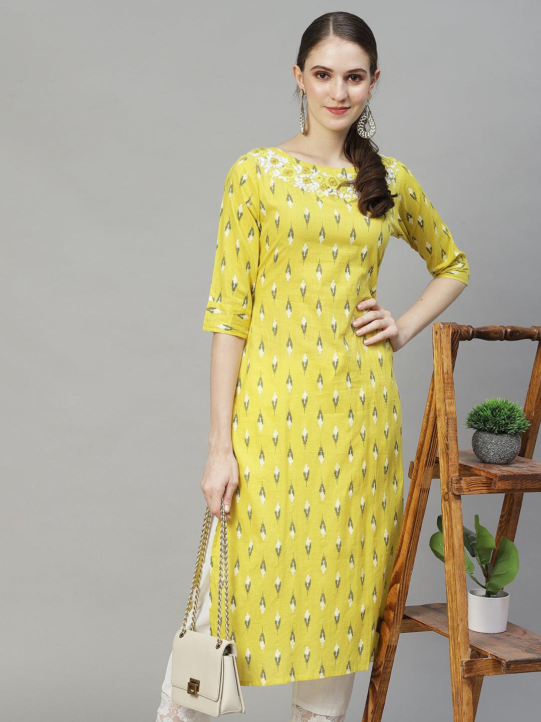 Ikat Printed & Floral Embroidered Straight Fit Kurta – Yellow - Indiakreations