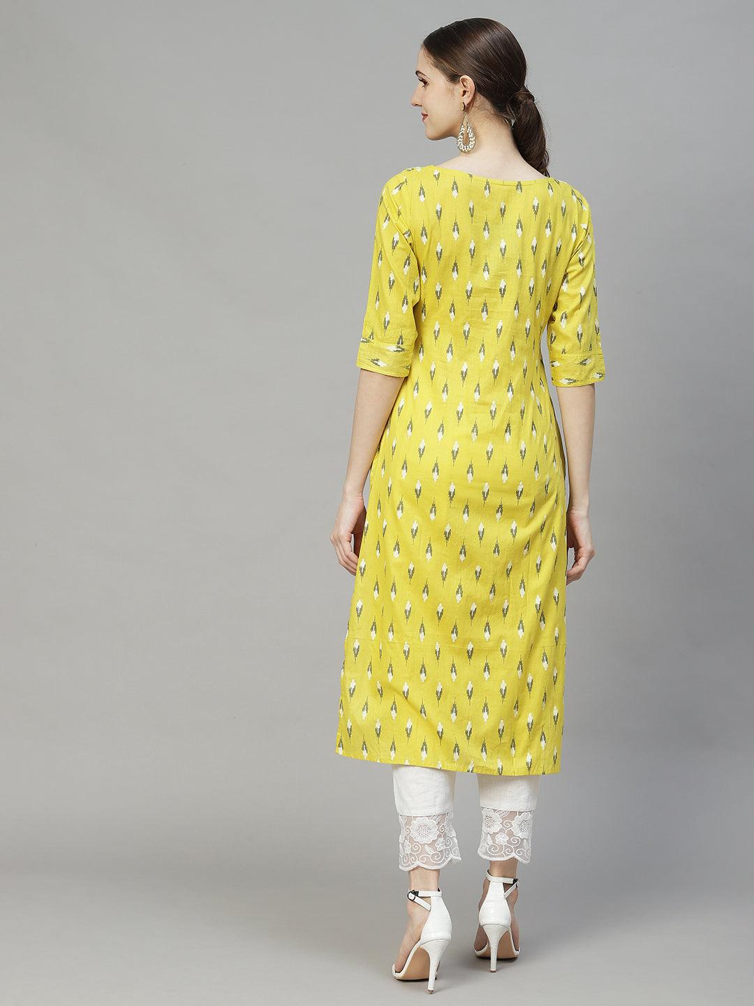 Ikat Printed & Floral Embroidered Straight Fit Kurta – Yellow - Indiakreations