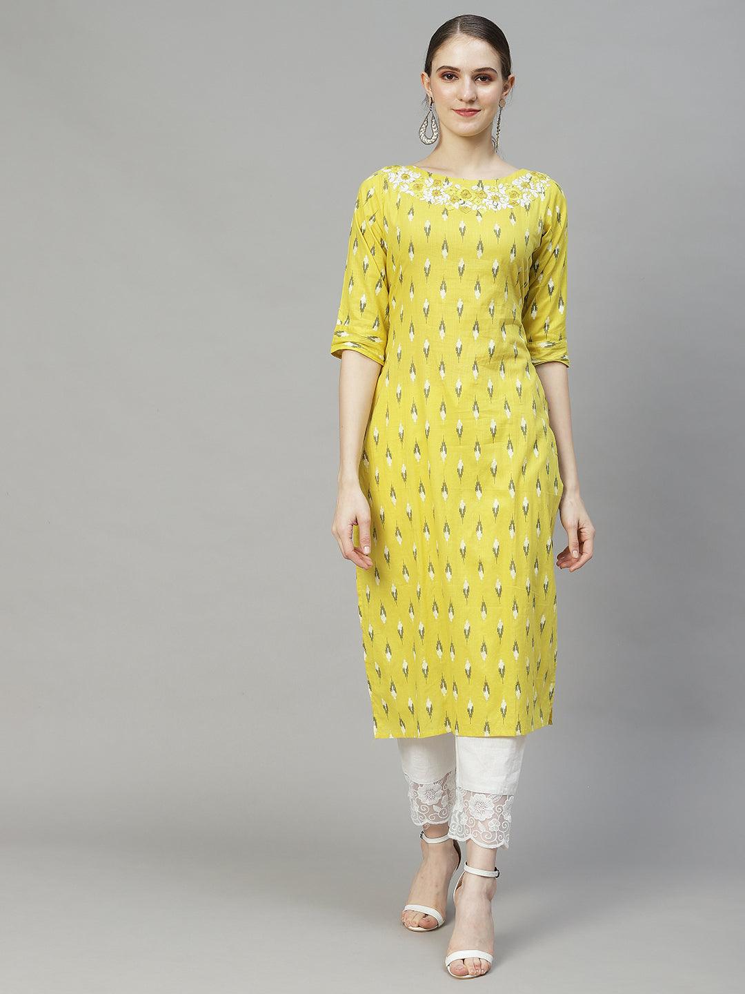 Ikat Printed & Floral Embroidered Straight Fit Kurta – Yellow - Indiakreations