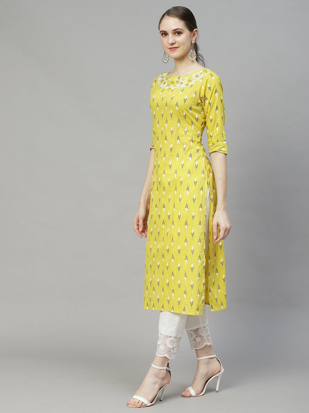 Ikat Printed & Floral Embroidered Straight Fit Kurta – Yellow - Indiakreations