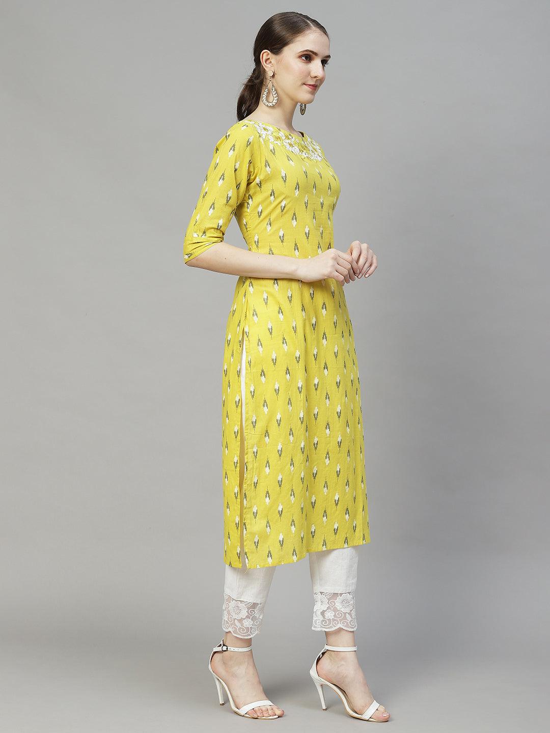 Ikat Printed & Floral Embroidered Straight Fit Kurta – Yellow - Indiakreations