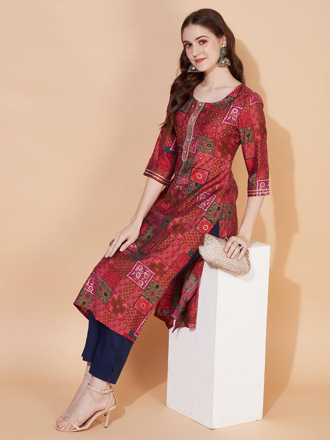 Ethnic Printed & Hand Embroidered Straight Fit Kurta – Multi - Indiakreations