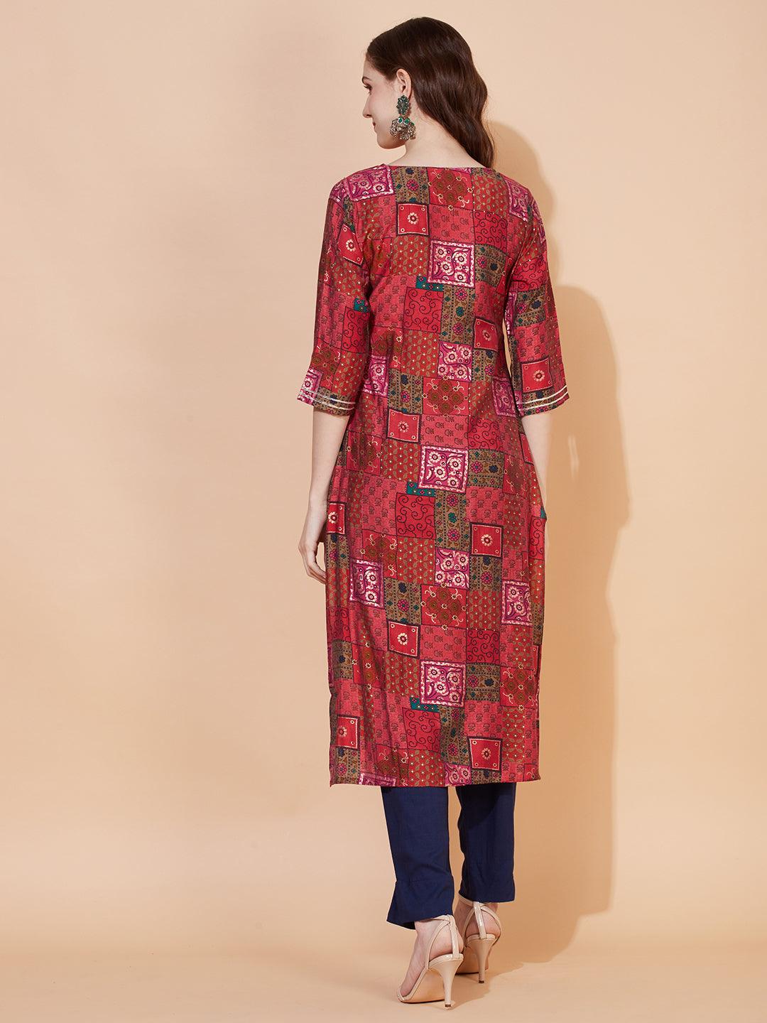 Ethnic Printed & Hand Embroidered Straight Fit Kurta – Multi - Indiakreations