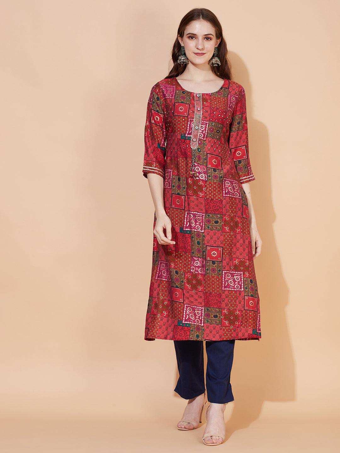 Ethnic Printed & Hand Embroidered Straight Fit Kurta – Multi - Indiakreations