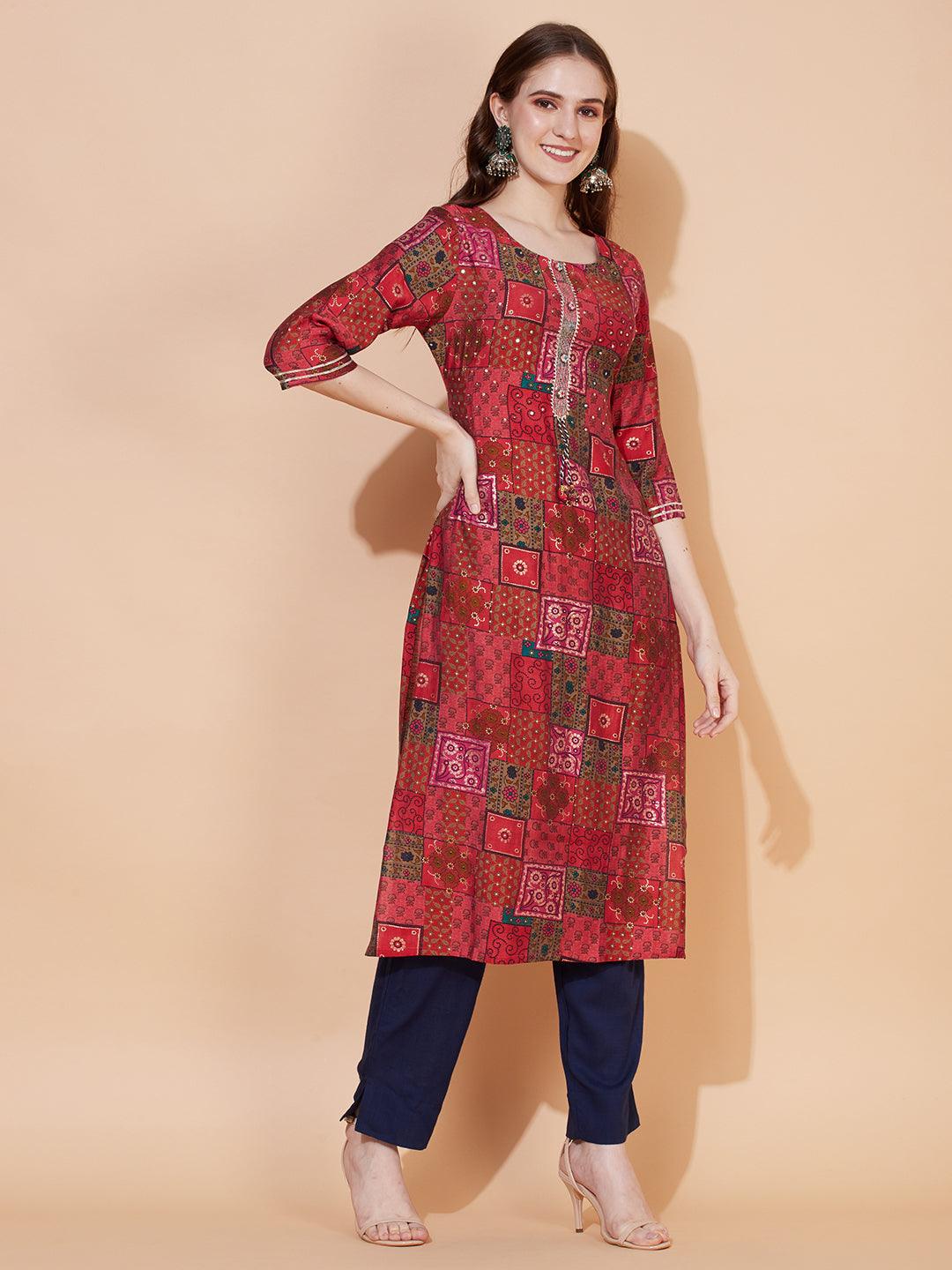 Ethnic Printed & Hand Embroidered Straight Fit Kurta – Multi - Indiakreations