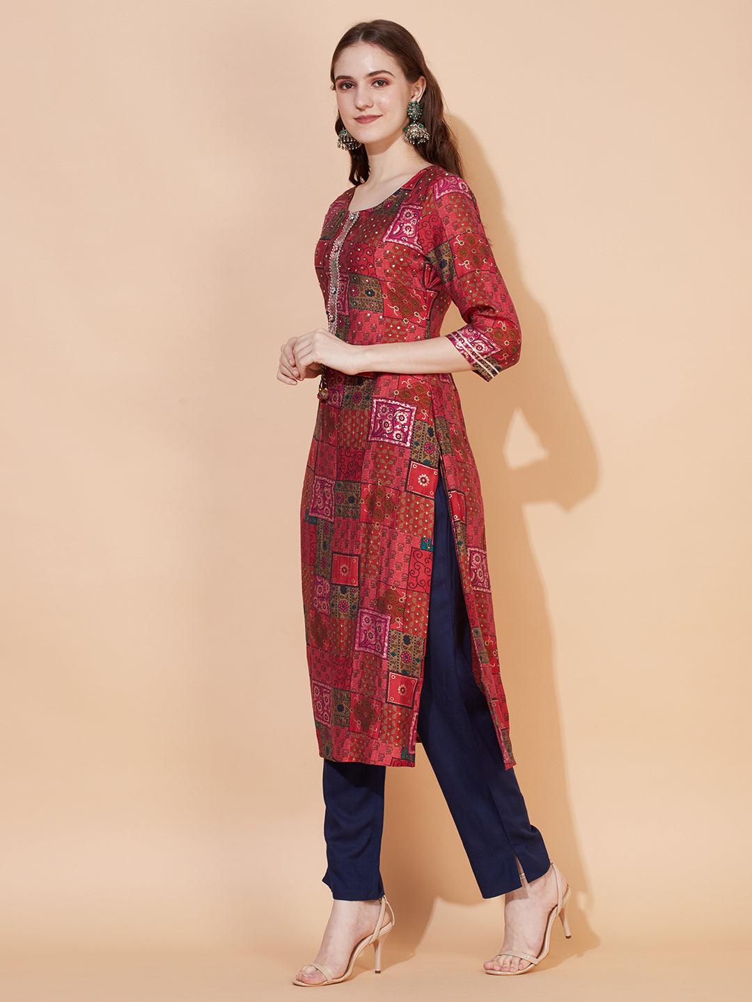 Ethnic Printed & Hand Embroidered Straight Fit Kurta – Multi - Indiakreations