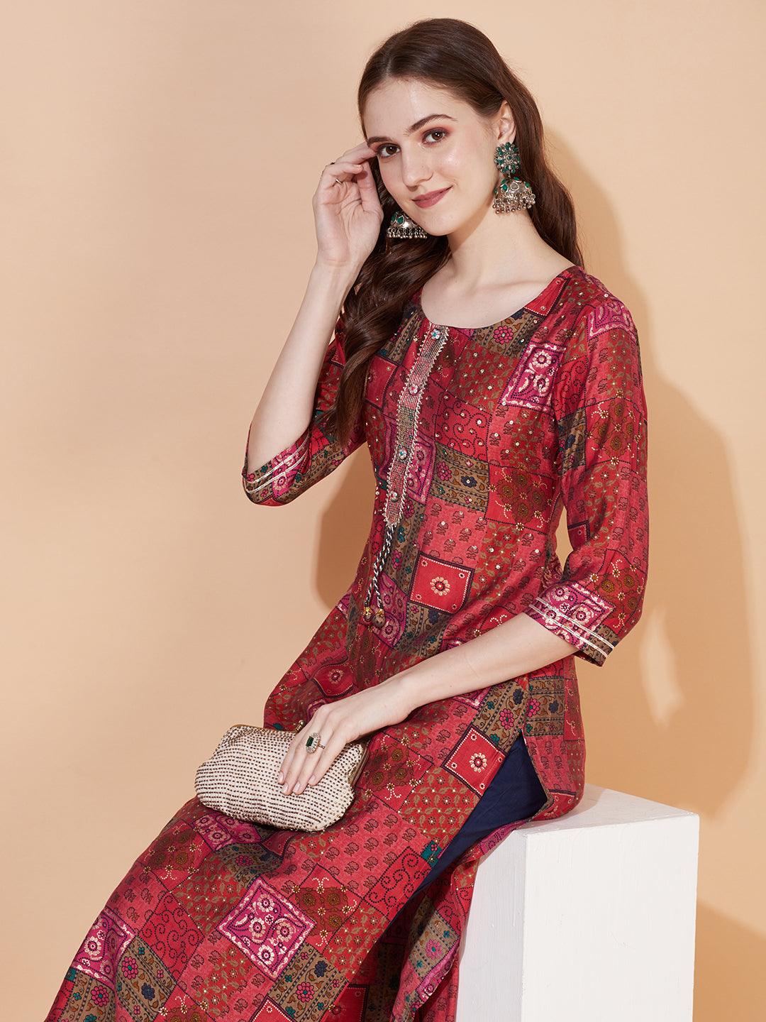 Ethnic Printed & Hand Embroidered Straight Fit Kurta – Multi - Indiakreations