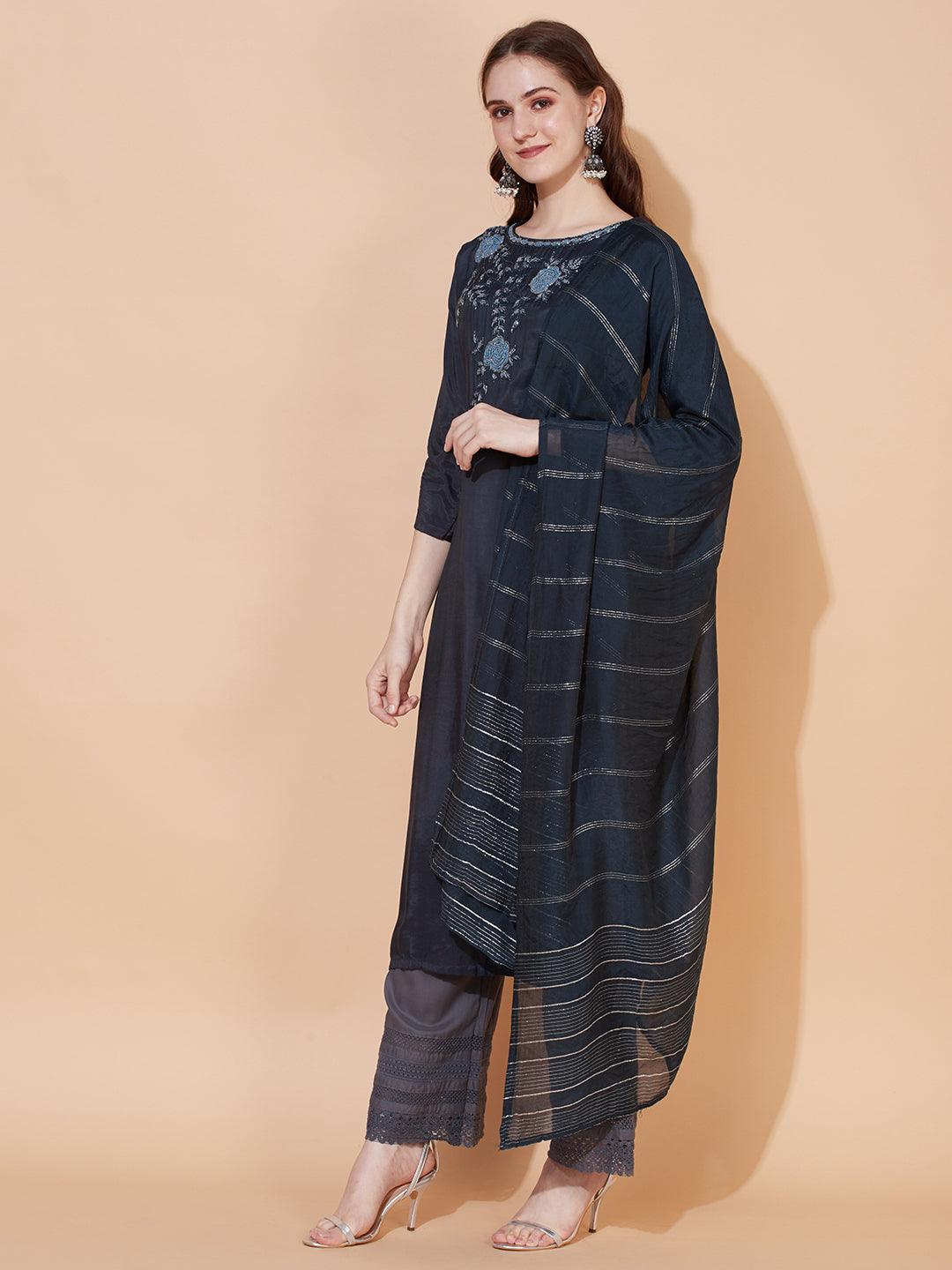 Floral Hand Embroidered Straight Kurta with Dupatta – Teal Blue - Indiakreations