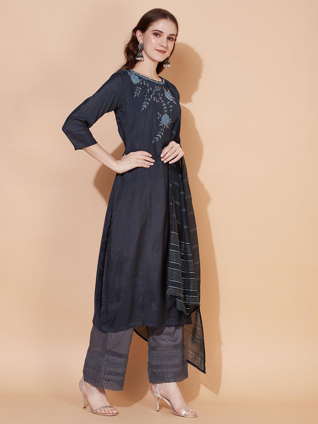 Floral Hand Embroidered Straight Kurta with Dupatta – Teal Blue - Indiakreations