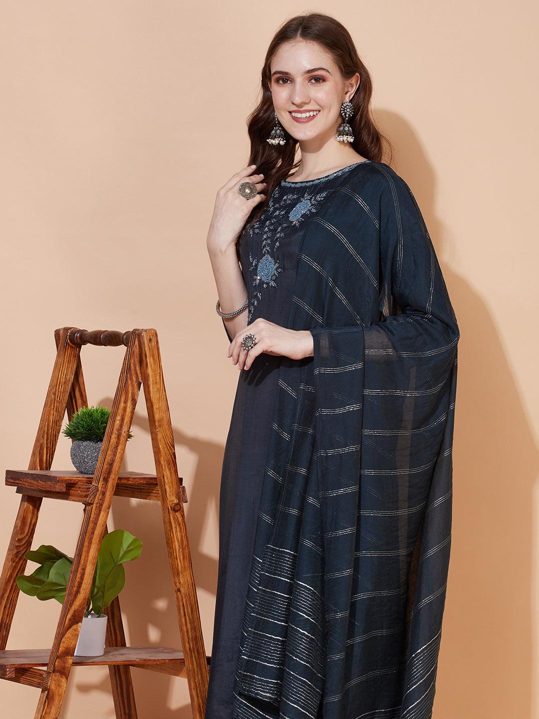 Floral Hand Embroidered Straight Kurta with Dupatta – Teal Blue - Indiakreations