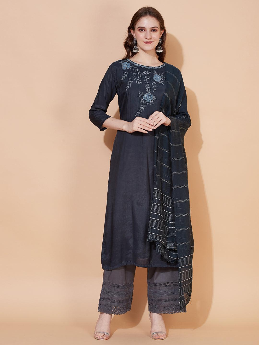 Floral Hand Embroidered Straight Kurta with Dupatta – Teal Blue - Indiakreations