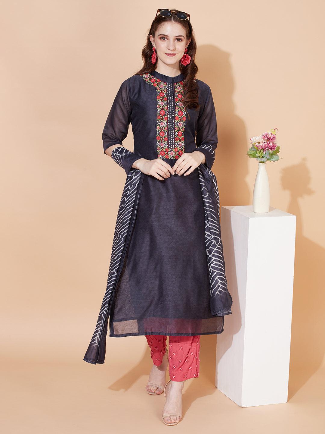 Floral Hand Embroidered Straight Kurta with Dupatta - Deep Blue - Indiakreations