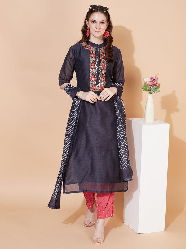 Floral Hand Embroidered Straight Kurta with Dupatta - Deep Blue - Indiakreations