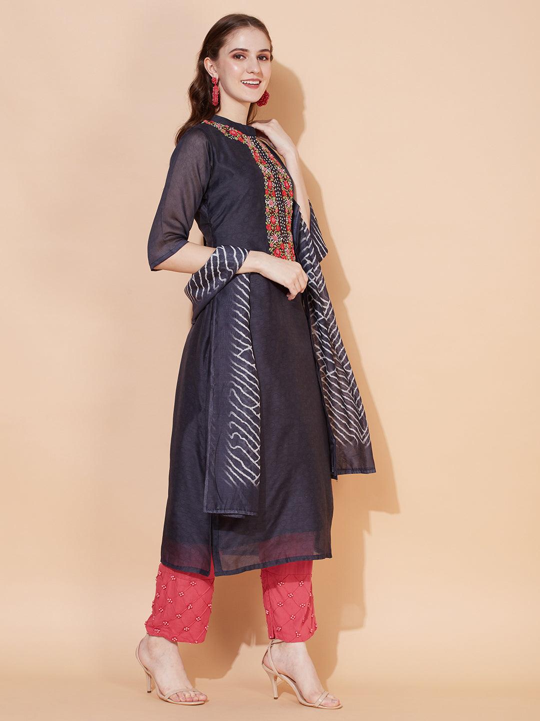 Floral Hand Embroidered Straight Kurta with Dupatta - Deep Blue - Indiakreations