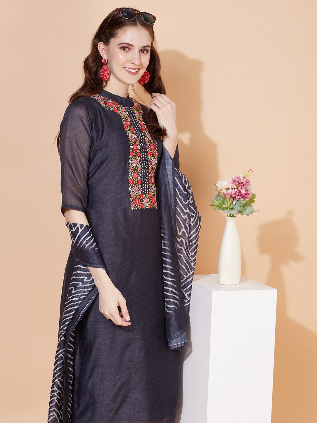 Floral Hand Embroidered Straight Kurta with Dupatta - Deep Blue - Indiakreations