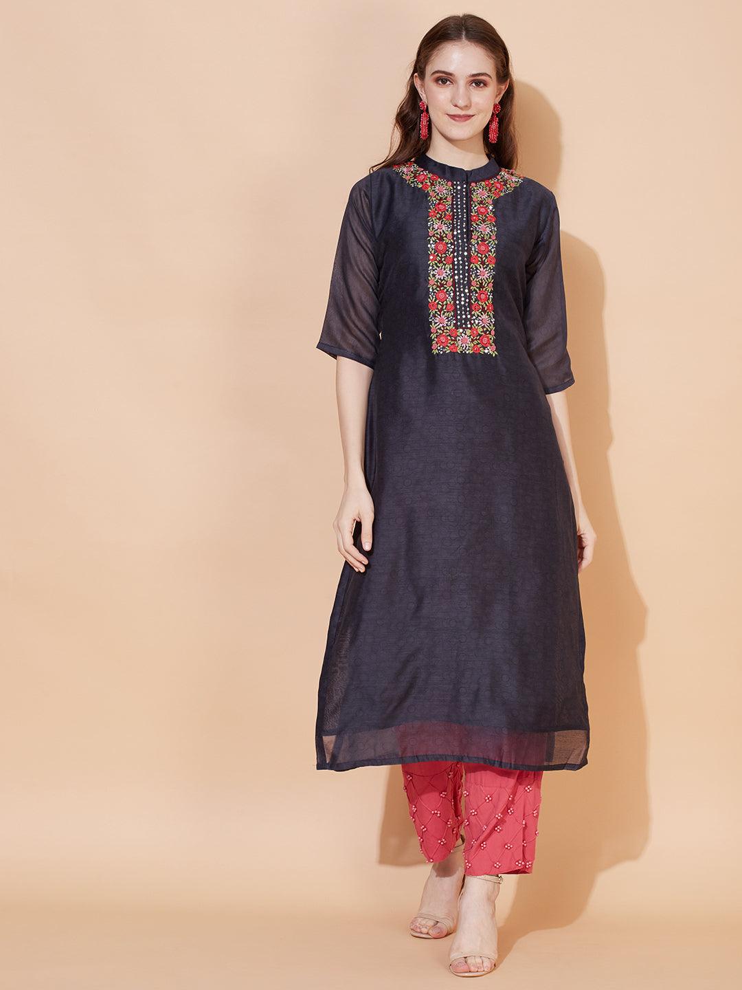 Floral Hand Embroidered Straight Kurta with Dupatta - Deep Blue - Indiakreations