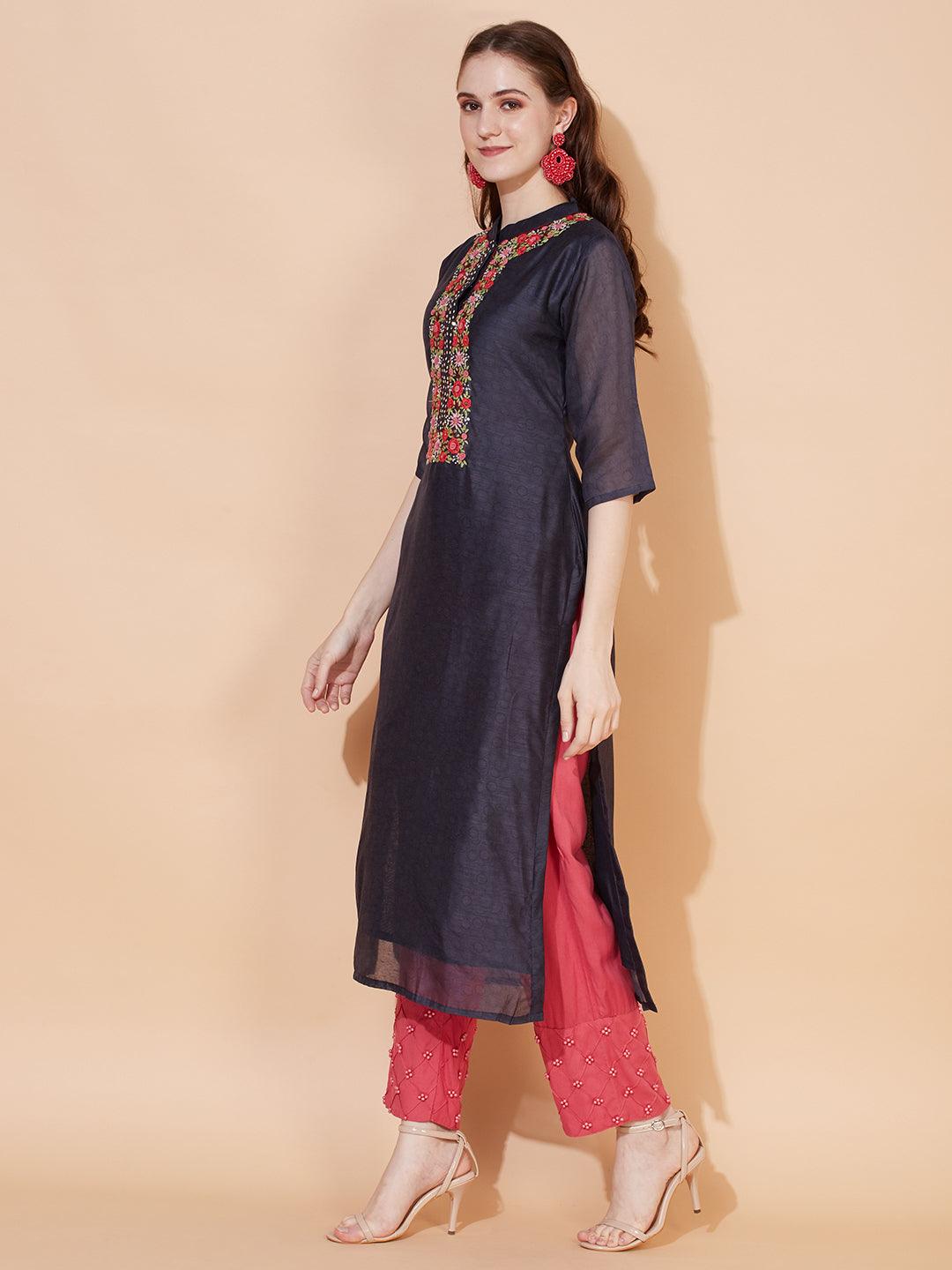 Floral Hand Embroidered Straight Kurta with Dupatta - Deep Blue - Indiakreations