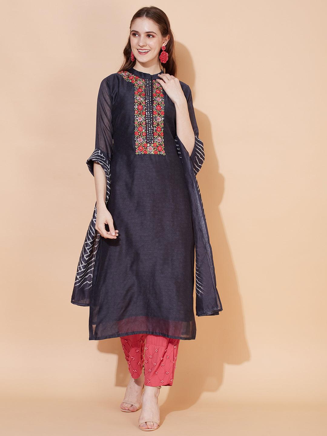 Floral Hand Embroidered Straight Kurta with Dupatta - Deep Blue - Indiakreations