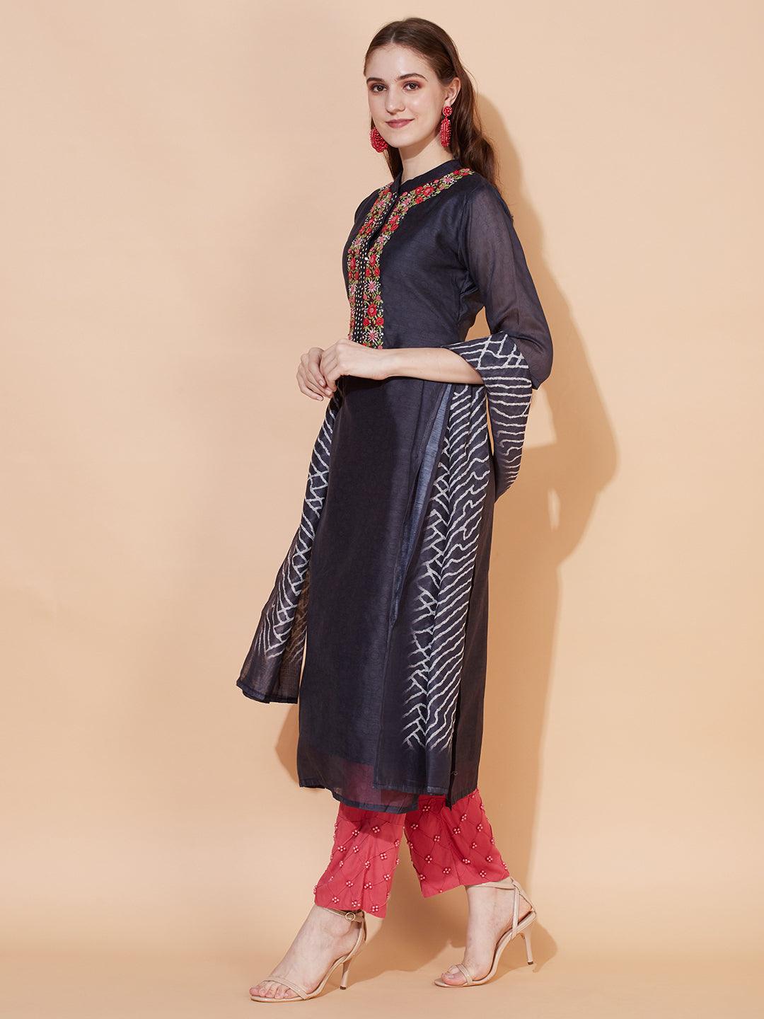 Floral Hand Embroidered Straight Kurta with Dupatta - Deep Blue - Indiakreations