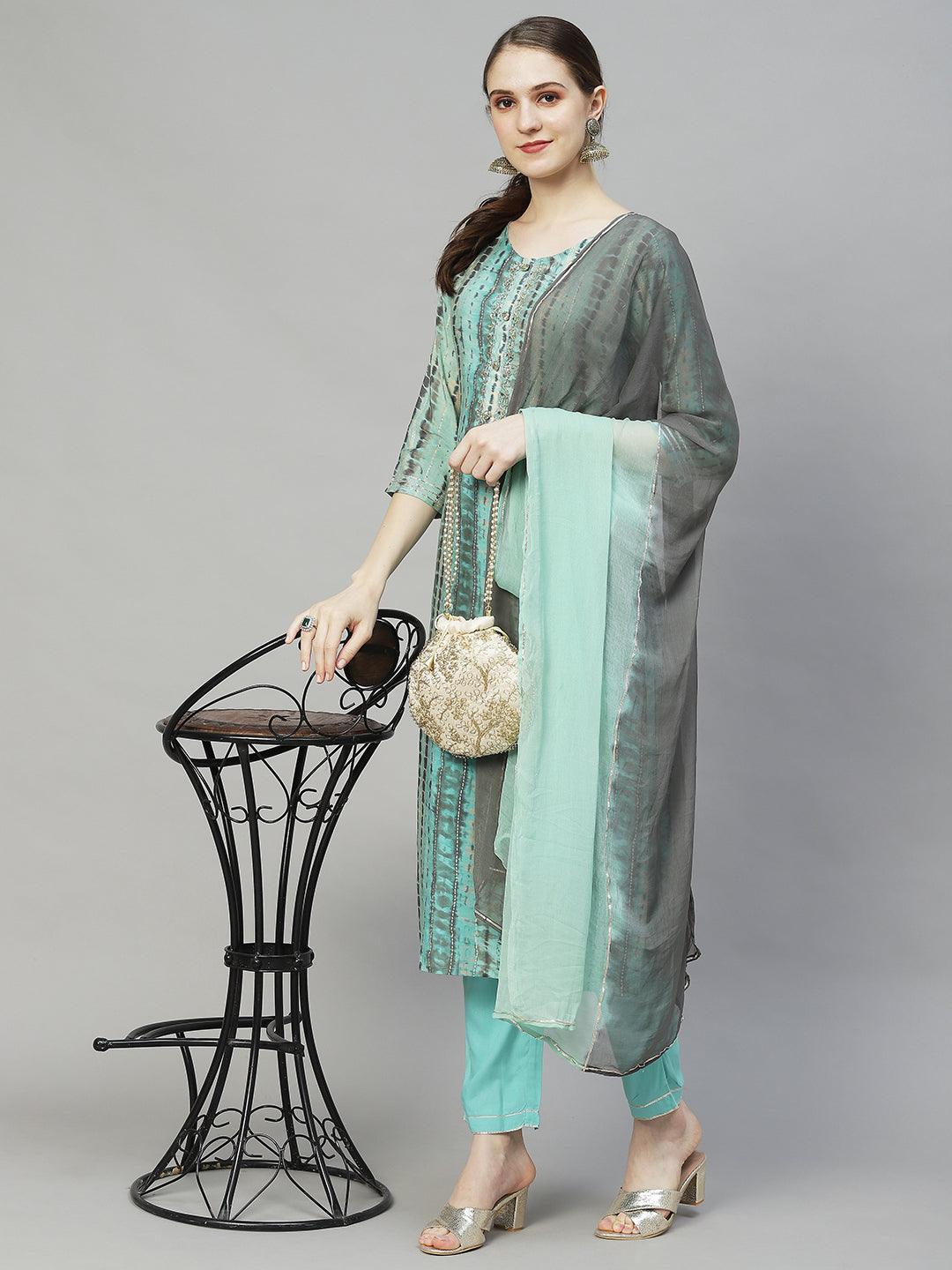 Tie-Dye Printed & Hand Embroidered Kurta with Pants & Dupatta - Multi - Indiakreations