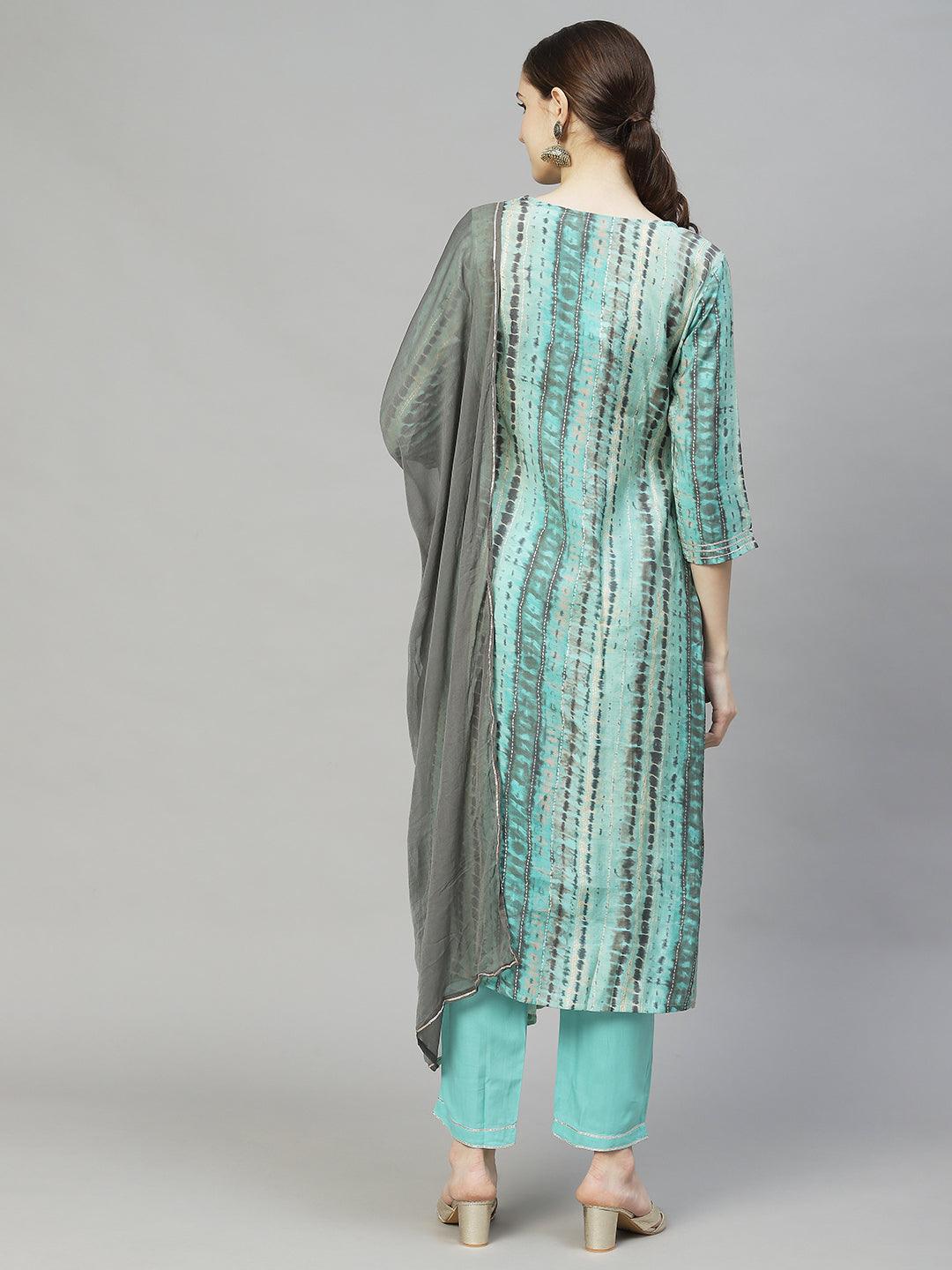 Tie-Dye Printed & Hand Embroidered Kurta with Pants & Dupatta - Multi - Indiakreations