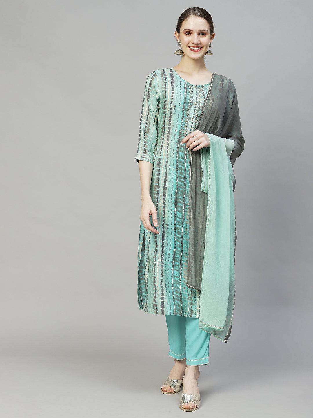 Tie-Dye Printed & Hand Embroidered Kurta with Pants & Dupatta - Multi - Indiakreations