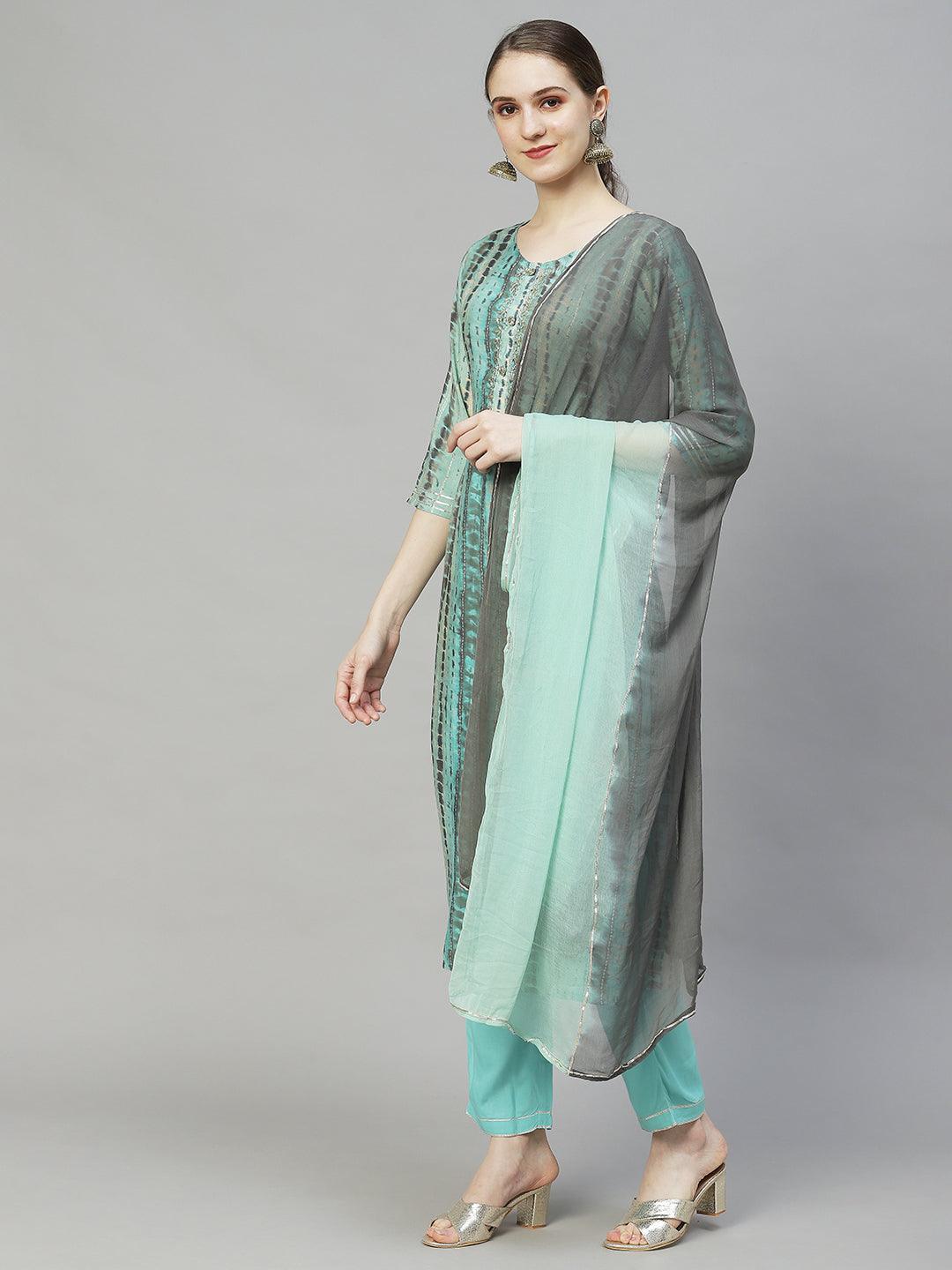 Tie-Dye Printed & Hand Embroidered Kurta with Pants & Dupatta - Multi - Indiakreations