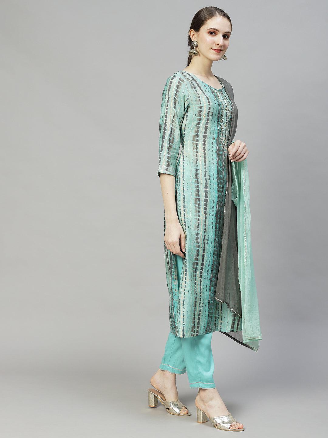 Tie-Dye Printed & Hand Embroidered Kurta with Pants & Dupatta - Multi - Indiakreations