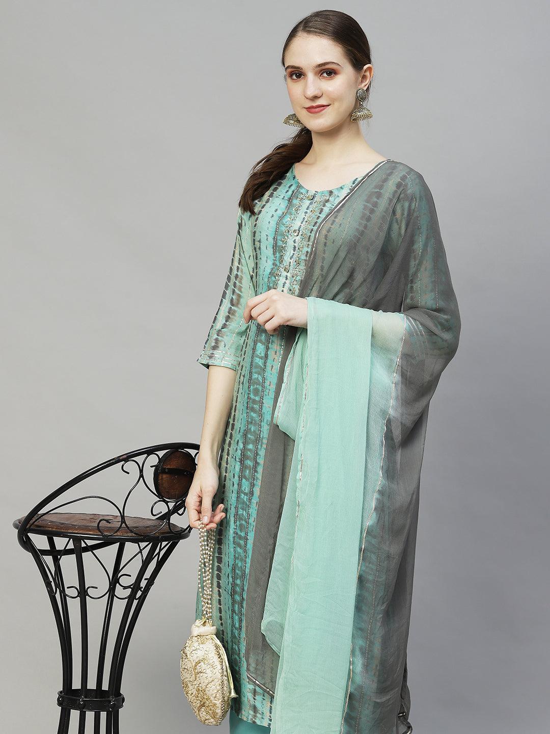 Tie-Dye Printed & Hand Embroidered Kurta with Pants & Dupatta - Multi - Indiakreations