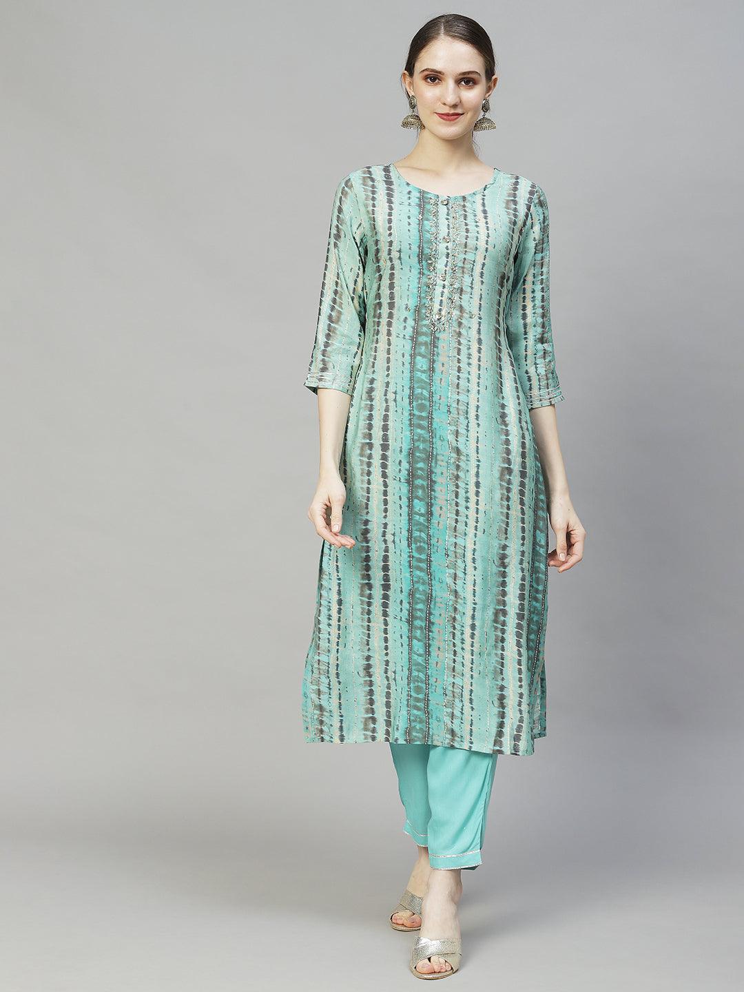 Tie-Dye Printed & Hand Embroidered Kurta with Pants & Dupatta - Multi - Indiakreations