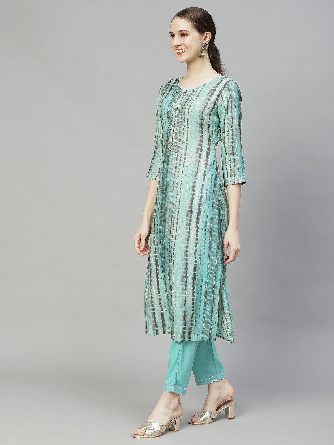 Tie-Dye Printed & Hand Embroidered Kurta with Pants & Dupatta - Multi - Indiakreations