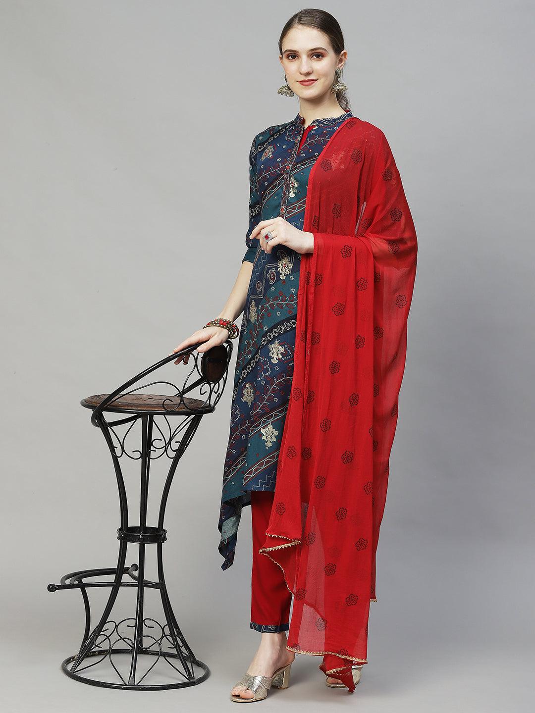 Ethnic Printed & Embroidered A-Line Kurta with Pants & Dupatta - Multi - Indiakreations