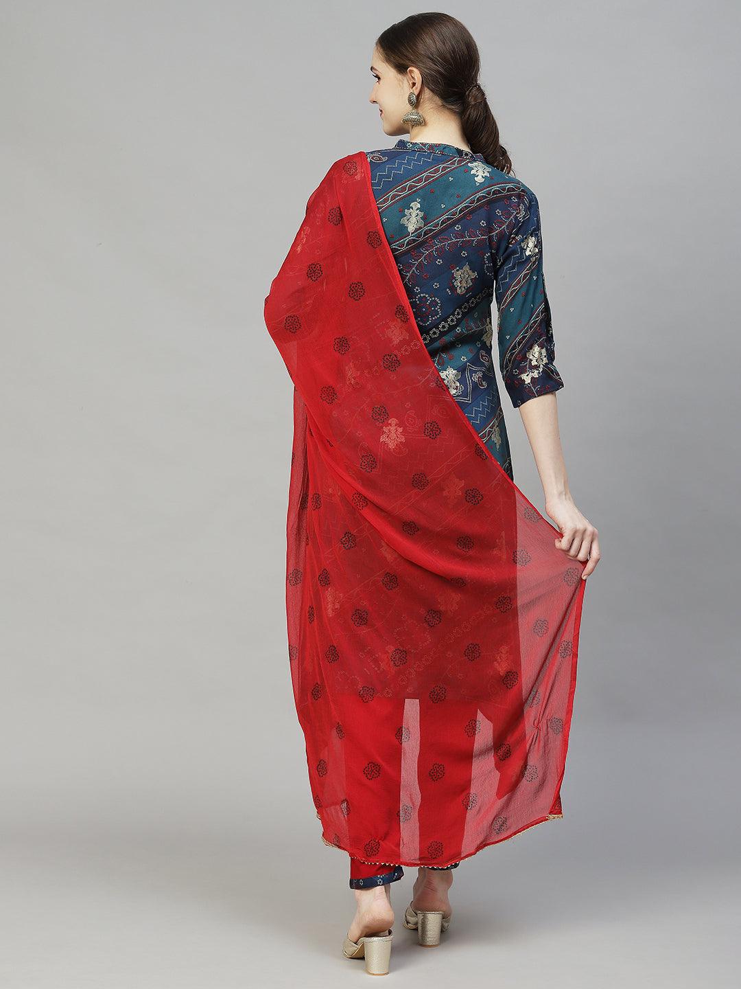 Ethnic Printed & Embroidered A-Line Kurta with Pants & Dupatta - Multi - Indiakreations