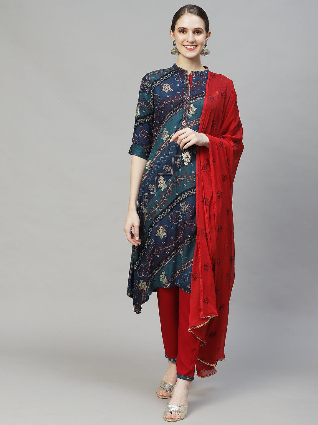 Ethnic Printed & Embroidered A-Line Kurta with Pants & Dupatta - Multi - Indiakreations