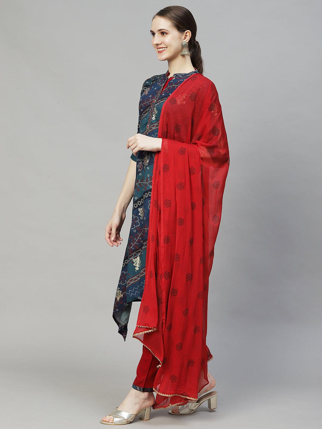 Ethnic Printed & Embroidered A-Line Kurta with Pants & Dupatta - Multi - Indiakreations