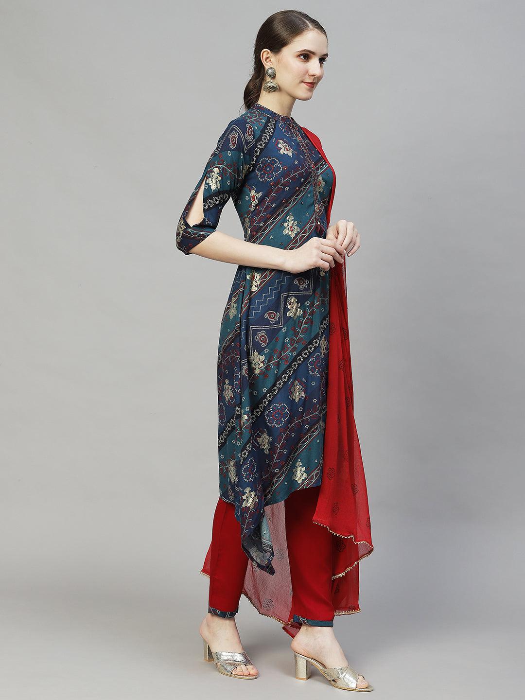 Ethnic Printed & Embroidered A-Line Kurta with Pants & Dupatta - Multi - Indiakreations