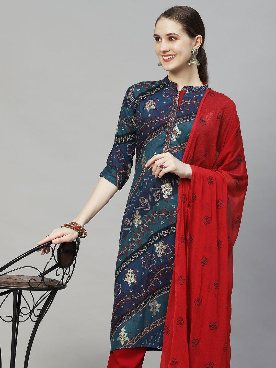 Ethnic Printed & Embroidered A-Line Kurta with Pants & Dupatta - Multi - Indiakreations