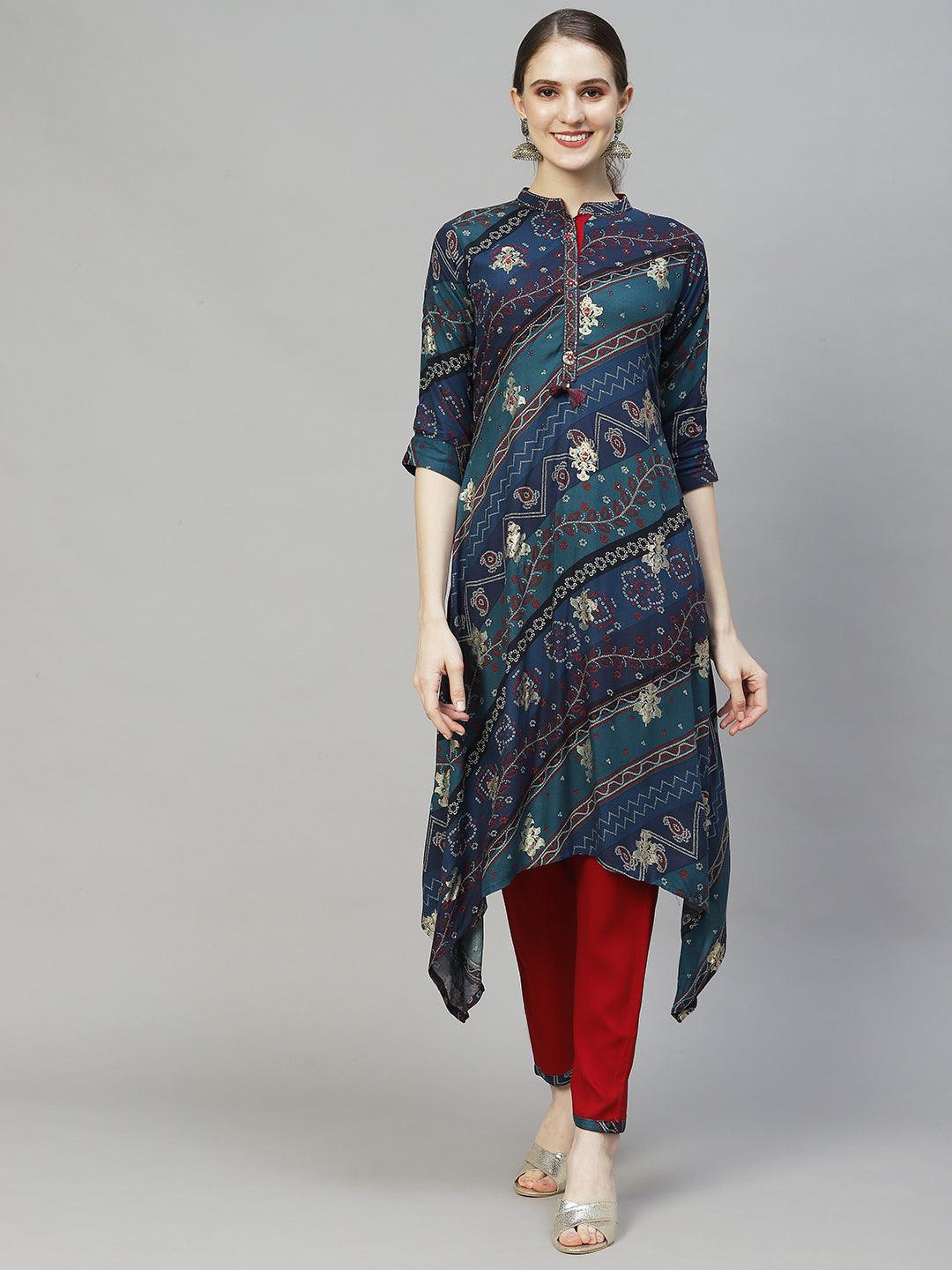 Ethnic Printed & Embroidered A-Line Kurta with Pants & Dupatta - Multi - Indiakreations