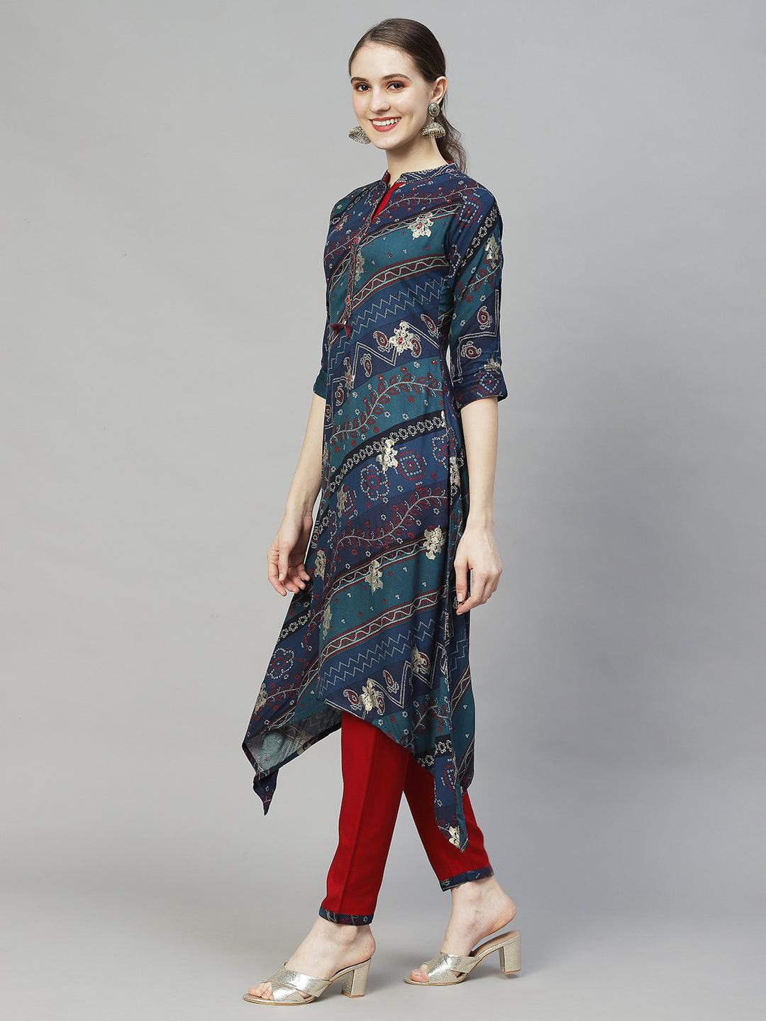 Ethnic Printed & Embroidered A-Line Kurta with Pants & Dupatta - Multi - Indiakreations