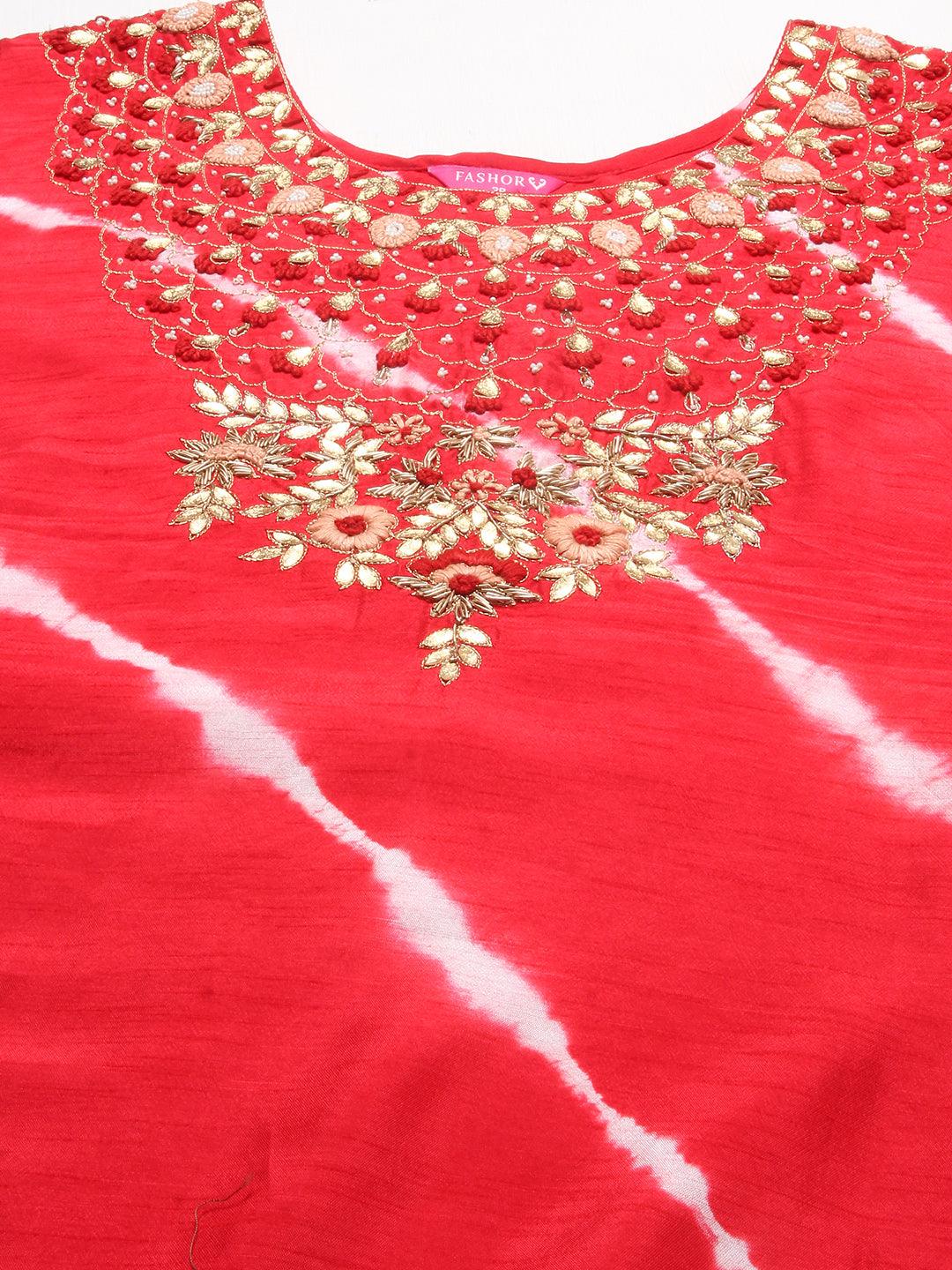 Tie-Dye Printed & Hand Embroidered Kurta with Pants & Dupatta - Red - Indiakreations