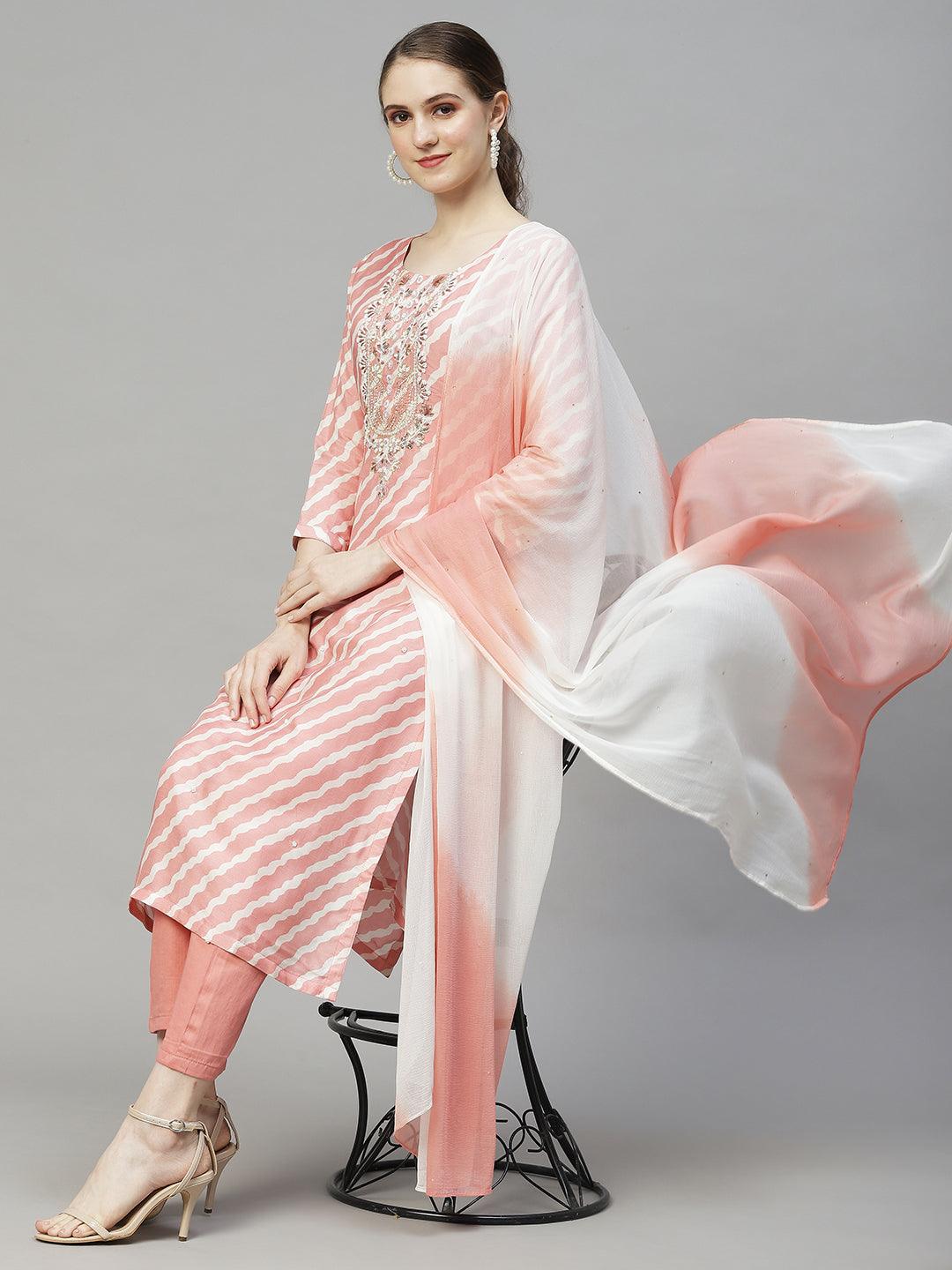 Leheriya Printed & Hand Embroidered Kurta with Pants & Dupatta - Peach - Indiakreations