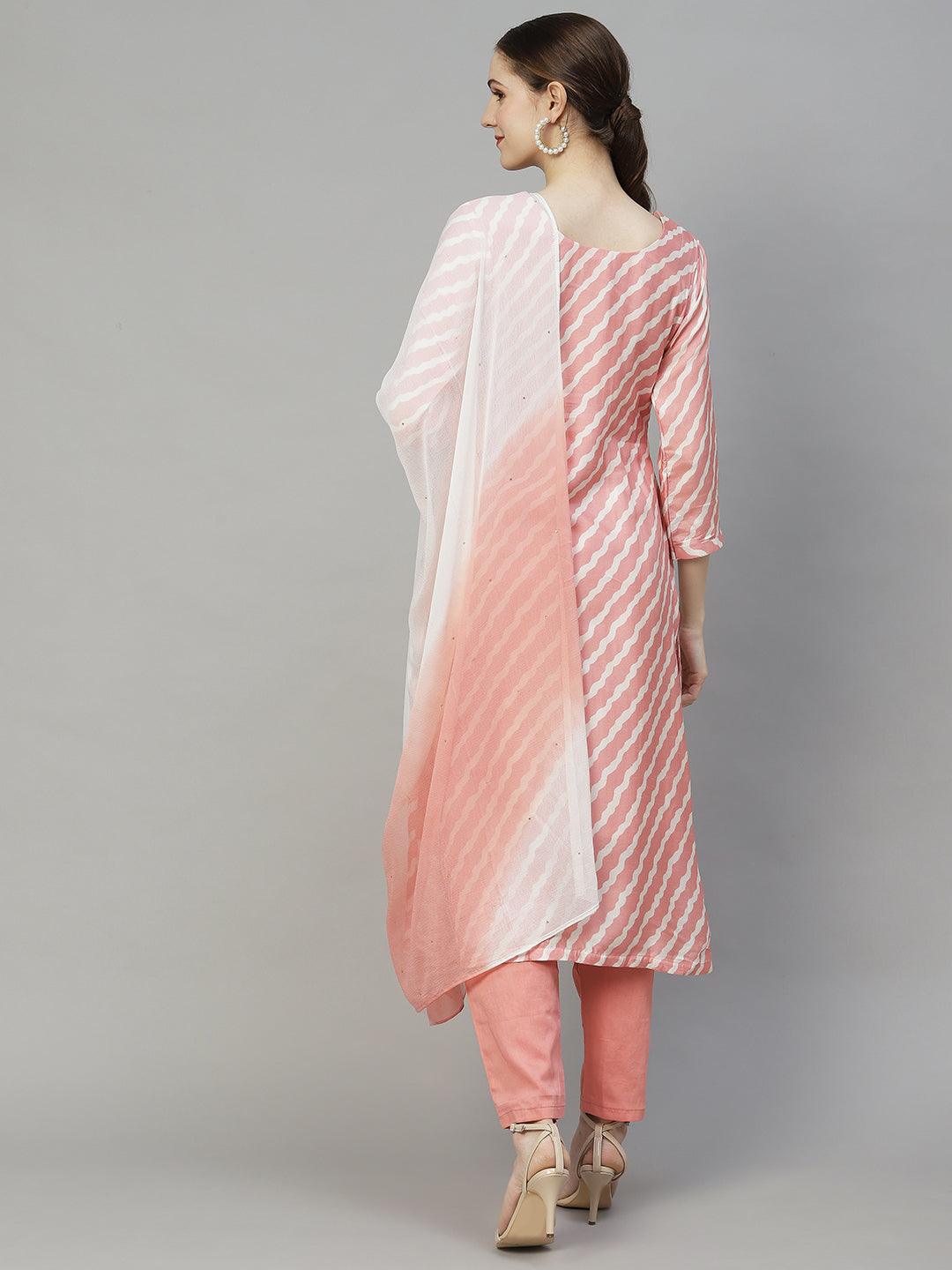 Leheriya Printed & Hand Embroidered Kurta with Pants & Dupatta - Peach - Indiakreations