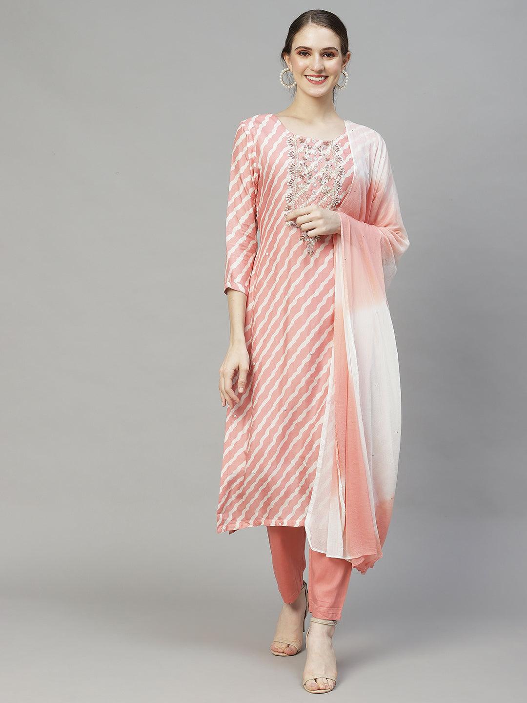 Leheriya Printed & Hand Embroidered Kurta with Pants & Dupatta - Peach - Indiakreations