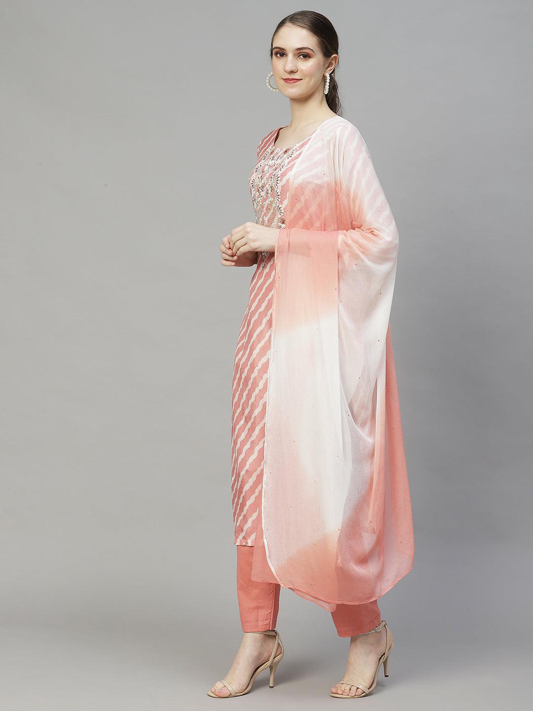 Leheriya Printed & Hand Embroidered Kurta with Pants & Dupatta - Peach - Indiakreations