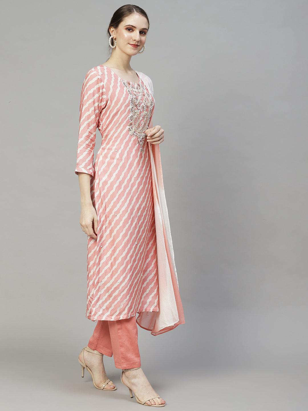 Leheriya Printed & Hand Embroidered Kurta with Pants & Dupatta - Peach - Indiakreations