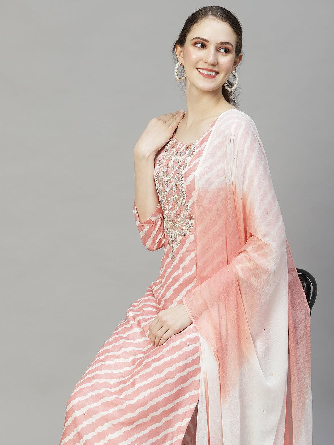 Leheriya Printed & Hand Embroidered Kurta with Pants & Dupatta - Peach - Indiakreations