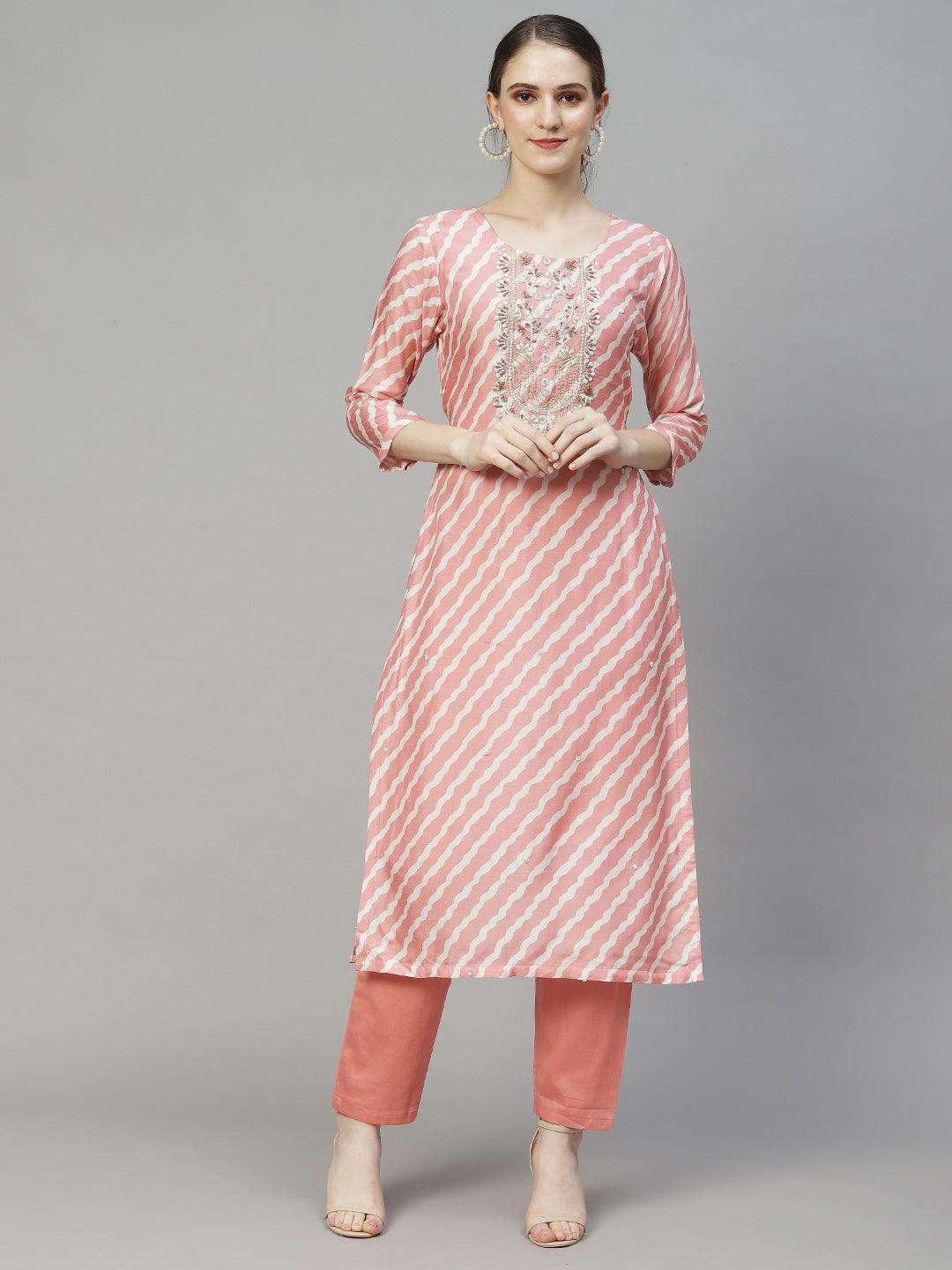 Leheriya Printed & Hand Embroidered Kurta with Pants & Dupatta - Peach - Indiakreations