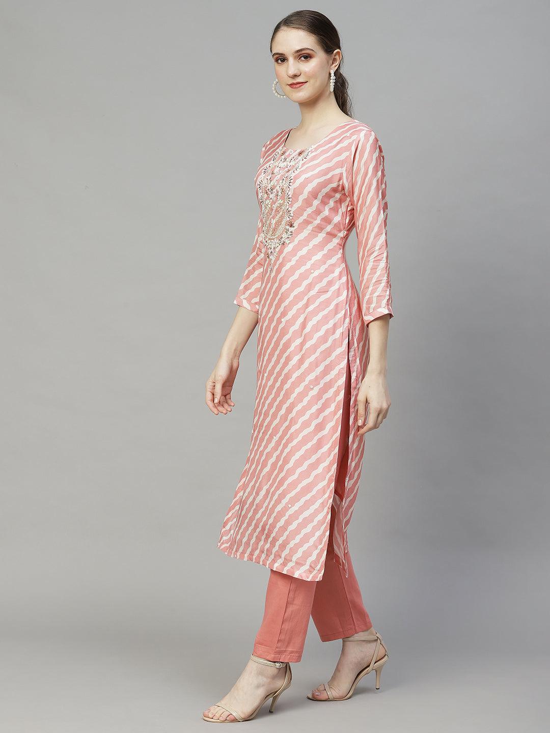 Leheriya Printed & Hand Embroidered Kurta with Pants & Dupatta - Peach - Indiakreations